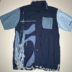 Vintage FUBU The Collection Button Up Shirt Men’s L Blue Patchwork Graphic